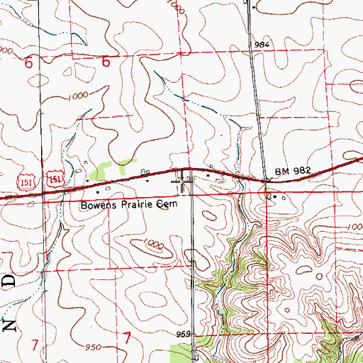 Topographic Map of Bowens Prairie Cemetery, IA