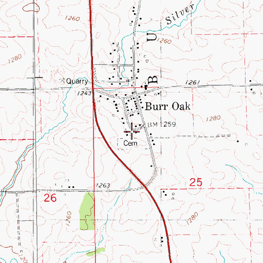 Topographic Map of Burr Oak Cemetery, IA