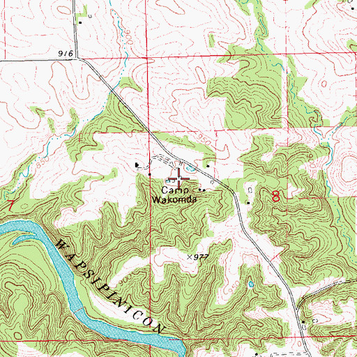 Topographic Map of Camp Wakomda, IA