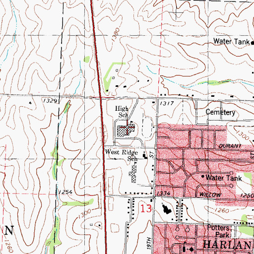 Topographic Map of Harlan Community Middle School, IA