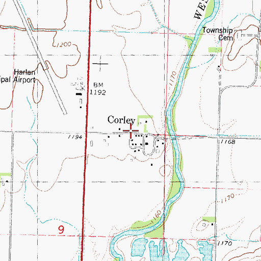 Topographic Map of Corley, IA