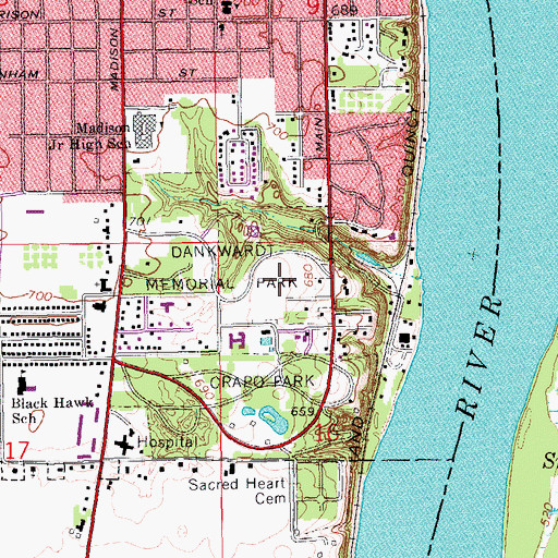Topographic Map of Dankwardt Memorial Park, IA