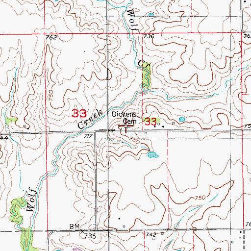 Topographic Map of Dickens Cemetery, IA