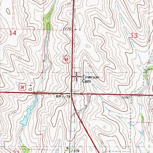 Topographic Map of Emerson Cemetery, IA