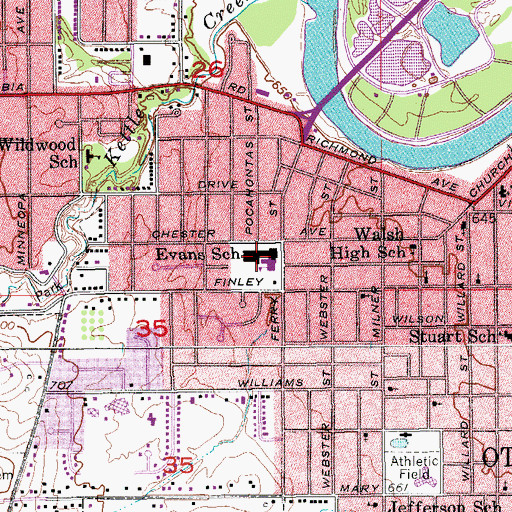Topographic Map of Evans Middle School, IA