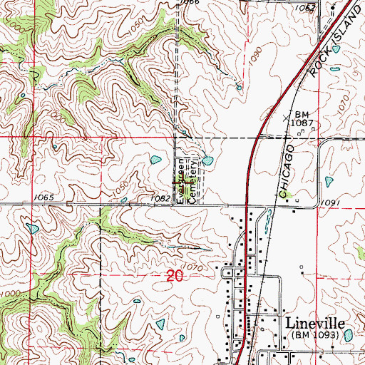 Topographic Map of Evergreen Cemetery, IA