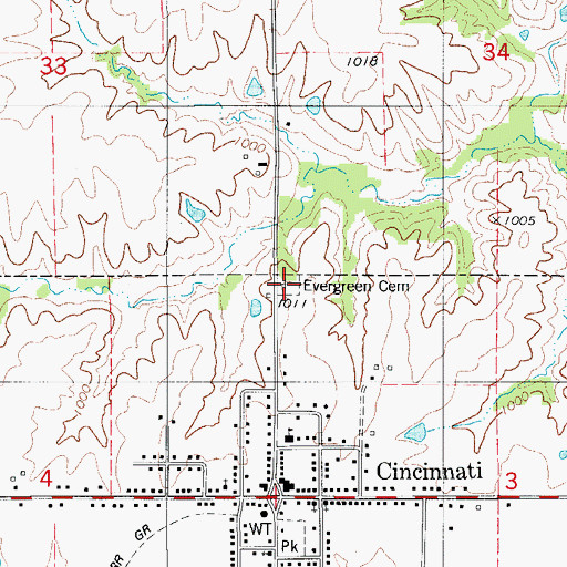 Topographic Map of Evergreen Cemetery, IA