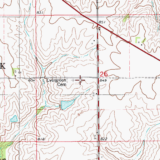 Topographic Map of Evergreen Cemetery, IA