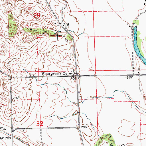 Topographic Map of Evergreen Cemetery, IA