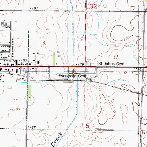 Topographic Map of Evergreen Cemetery, IA