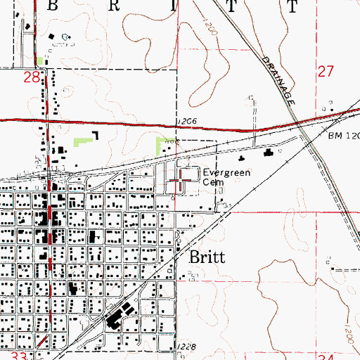 Topographic Map of Evergreen Cemetery, IA