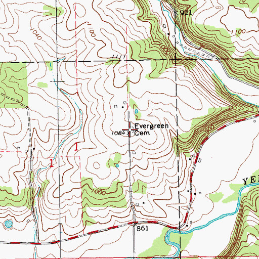 Topographic Map of Evergreen Cemetery, IA