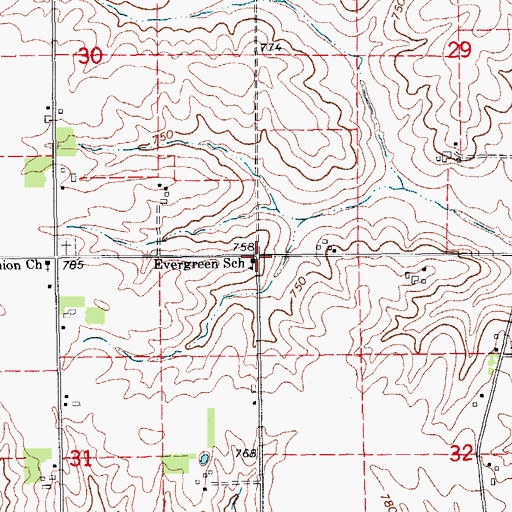 Topographic Map of Evergreen School, IA