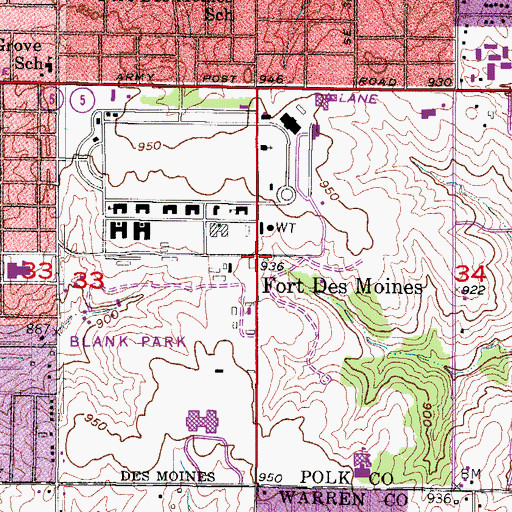 Topographic Map of Fort Des Moines School, IA