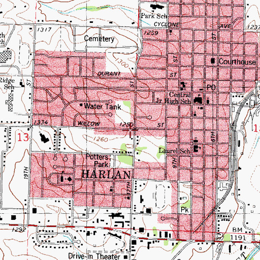Topographic Map of Harlan, IA
