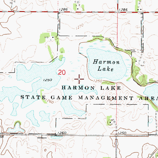 Topographic Map of Harmon Lake State Game Management Area, IA