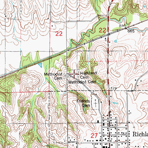Topographic Map of Highland Cemetery, IA