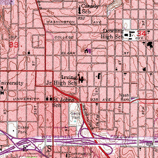 Topographic Map of Irving Junior High School, IA