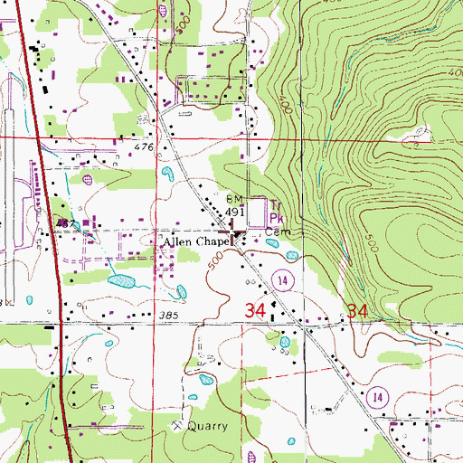 Topographic Map of Allen Chapel, AR