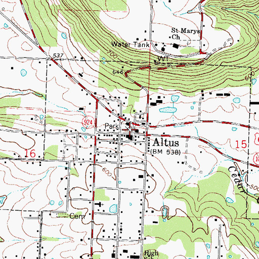 Topographic Map of Altus, AR