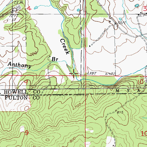 Topographic Map of Anthony Branch, MO