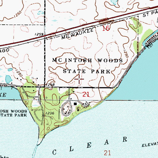 Topographic Map of McIntosh Woods State Park, IA