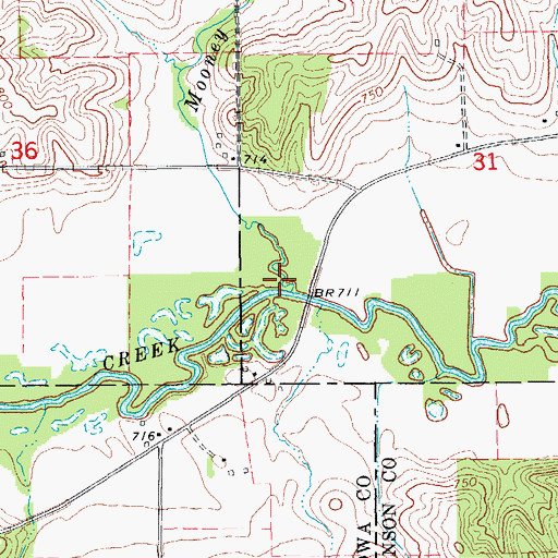 Topographic Map of Mooney Creek, IA