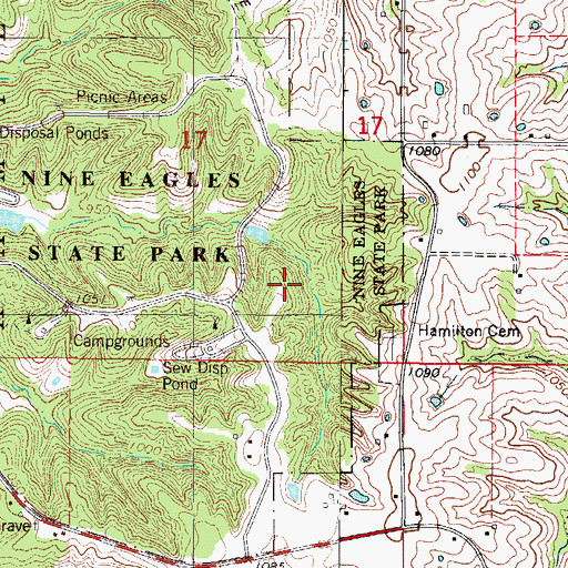 Topographic Map of Nine Eagles State Park, IA