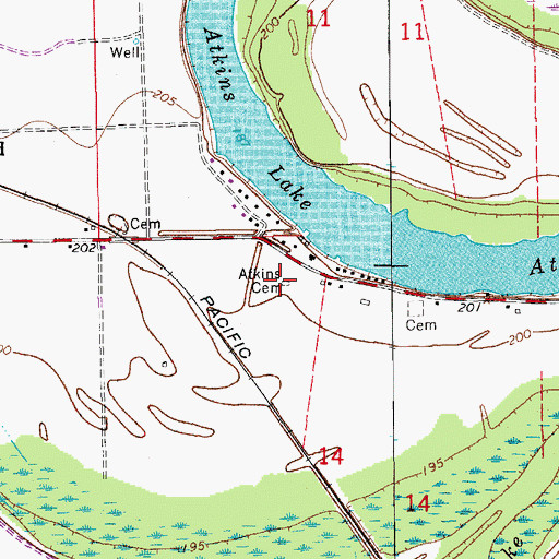 Topographic Map of Atkins Cemetery, AR