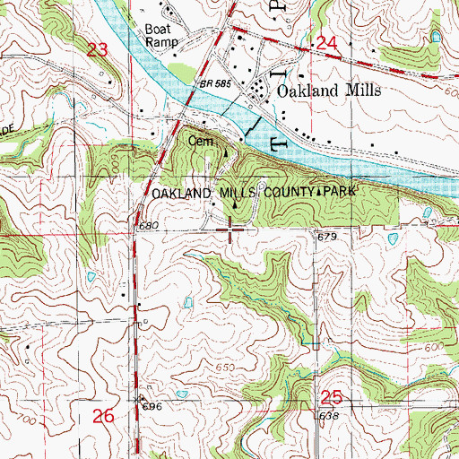 Topographic Map of Oakland Mills County Park, IA
