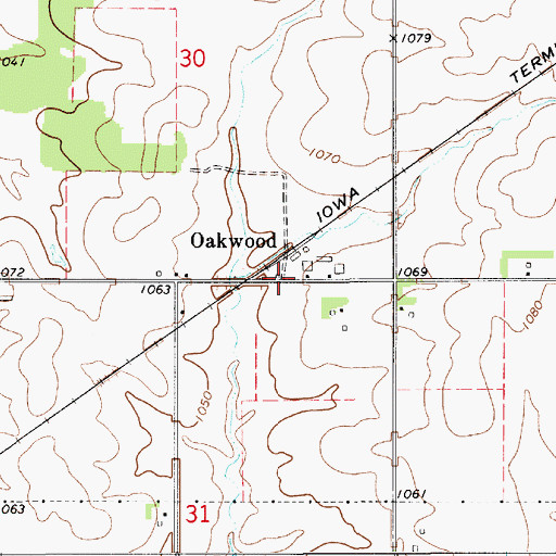 Topographic Map of Oakwood, IA