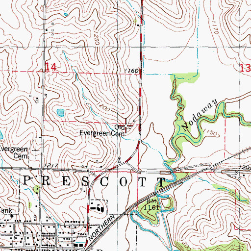Topographic Map of Old Evergreen Cemetery, IA