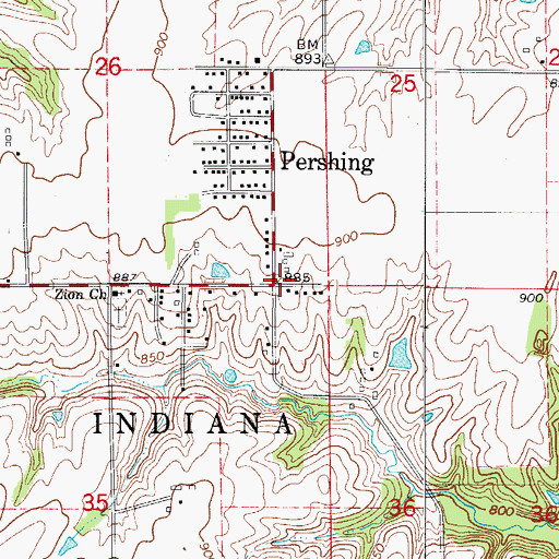 Topographic Map of Pershing, IA