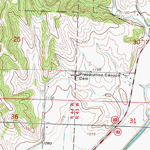 Topographic Map of Preparation Canyon Cemetery, IA