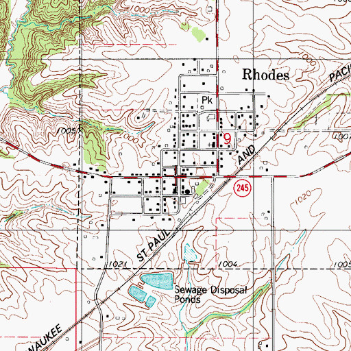 Topographic Map of Rhodes, IA