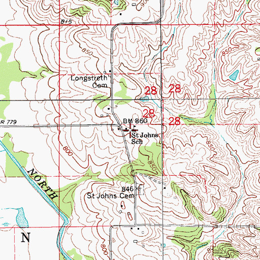 Topographic Map of Saint Johns School, IA
