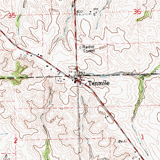 Topographic Map of Tenmile, IA
