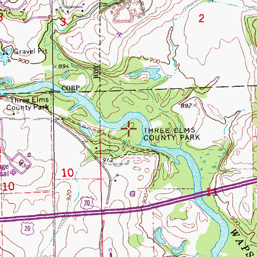 Topographic Map of Three Elms County Park, IA
