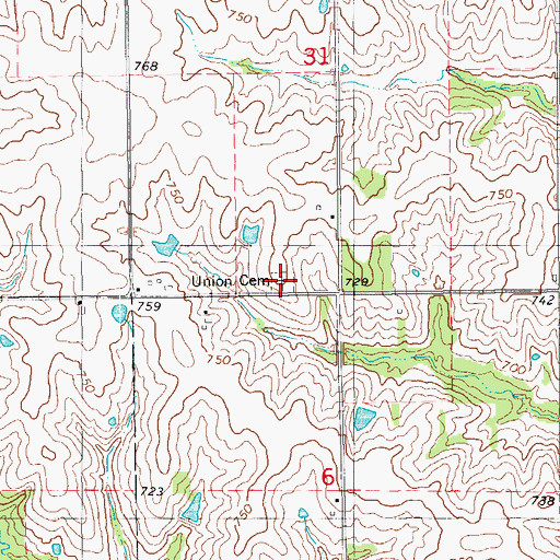 Topographic Map of Union Cemetery, IA