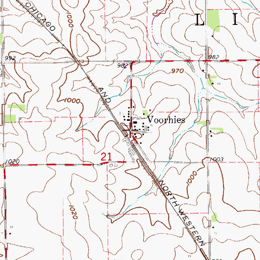 Topographic Map of Voorhies, IA
