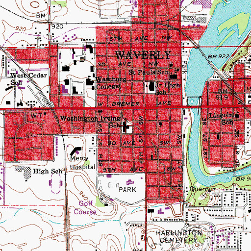 Topographic Map of Washington Irving School, IA