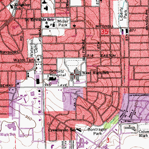 Topographic Map of West High School, IA