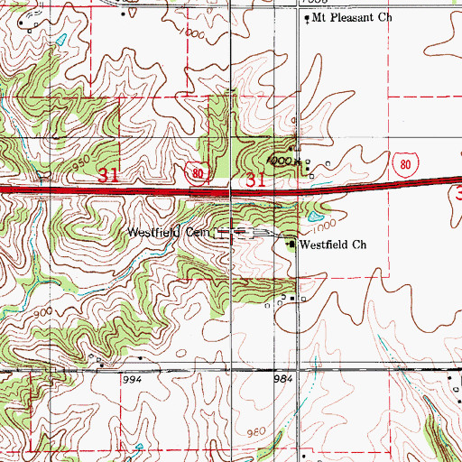 Topographic Map of Westfield Cemetery, IA