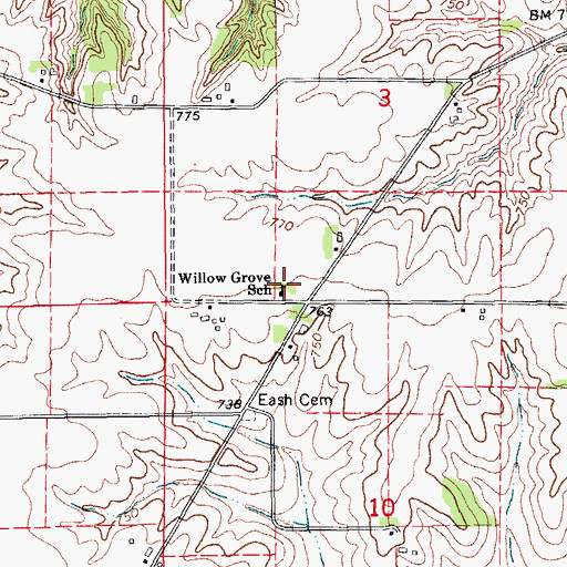 Topographic Map of Willow Grove School, IA