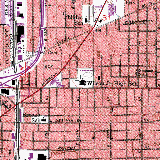 Topographic Map of Wilson Junior High School, IA