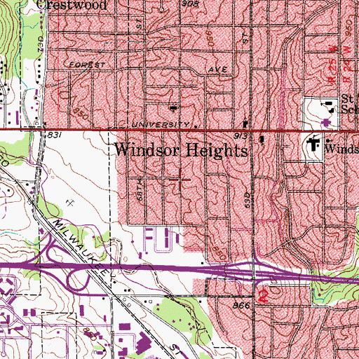 Topographic Map of Windsor Heights, IA