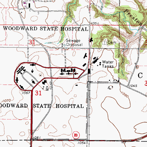 Topographic Map of Woodward State Hospital, IA