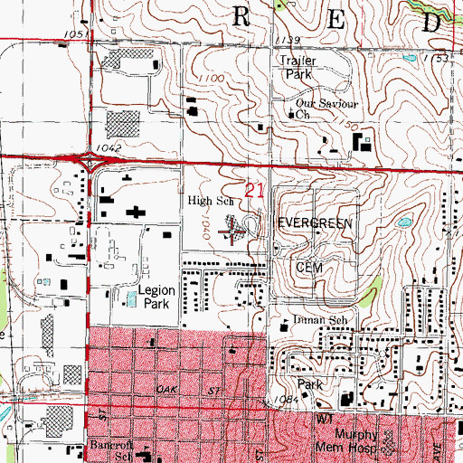 Topographic Map of Red Oak High School, IA
