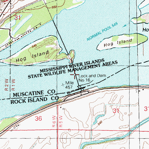 Topographic Map of Mississippi River Lock Dam Number Sixteen, IA