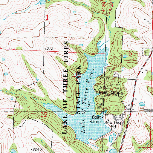 Topographic Map of Lake of Three Fires State Park, IA